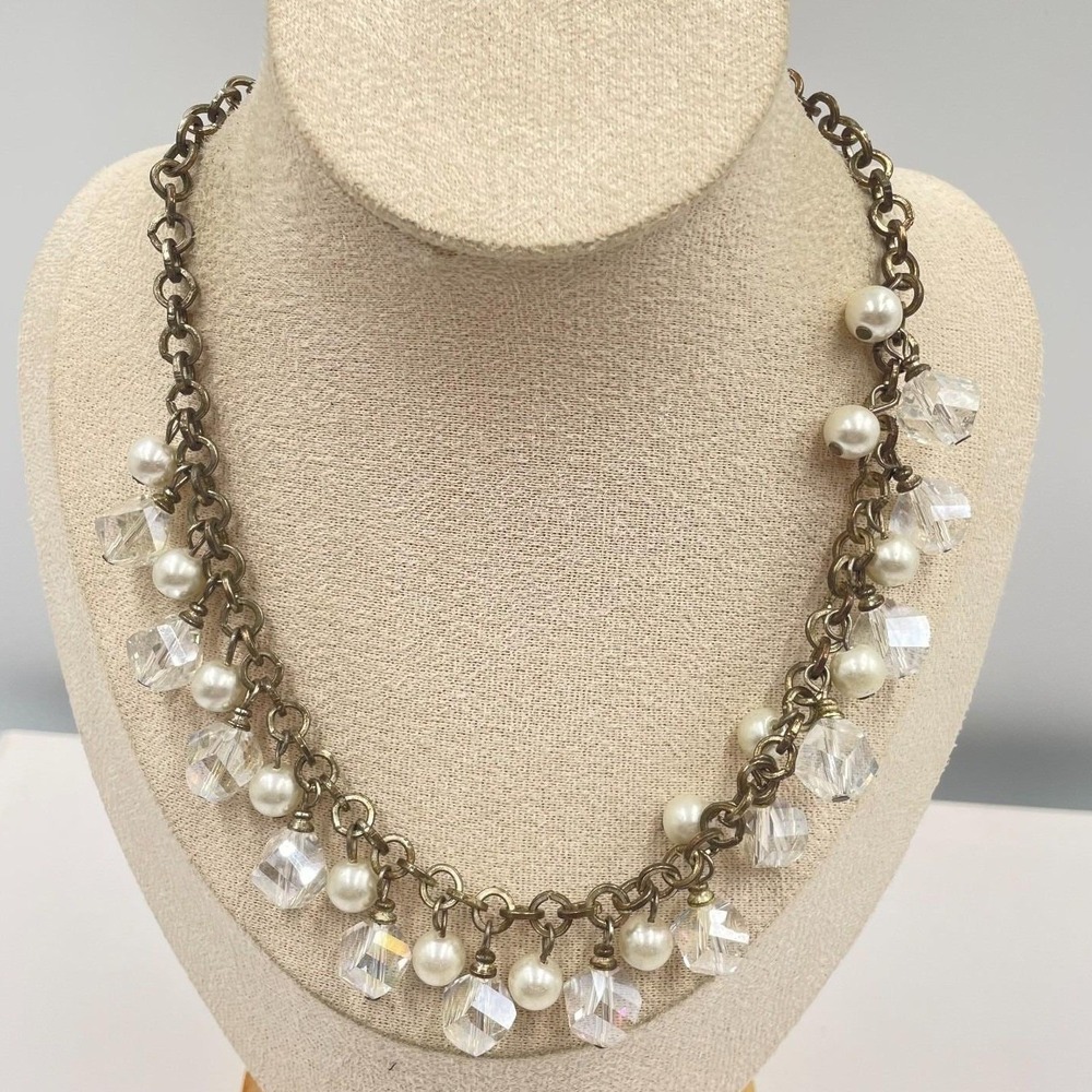 Vintage Crystal Pearl Dangle Statement Necklace Antiqued Bronze Tone Chain 18"